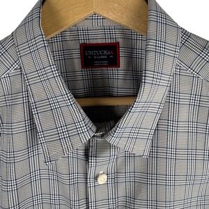 UNTUCKit Mens XL Glen Plaid Performance Button Down Shirt  Long Sleeve Navy Tan